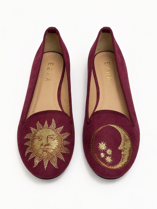 ezra Shoes - [WOMEN] EZRA Burgundy Sun Moon Embroidered Loafers Flats EU 41 US 10.5